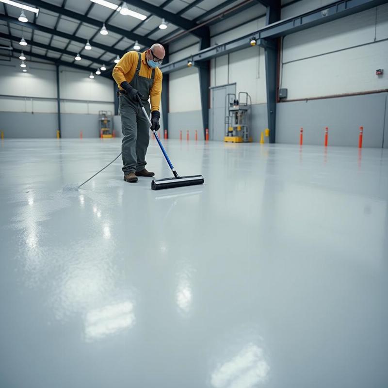 Thi công sơn epoxy chất lượng cao cho sàn nhà xưởng, chống mài mòn, bền bỉ.